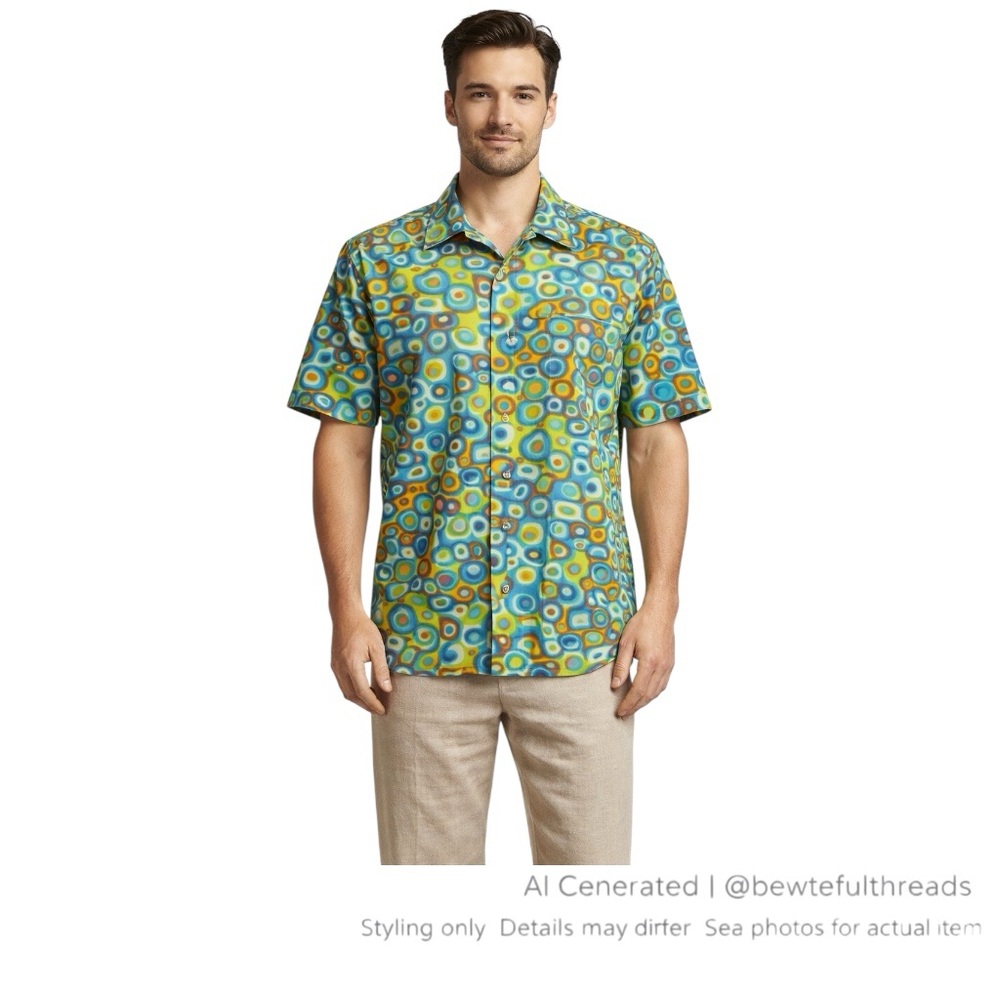 Dragonfly Clothing Company Large Blue Abstract Retro ShortSleeve Button-Up Shirt